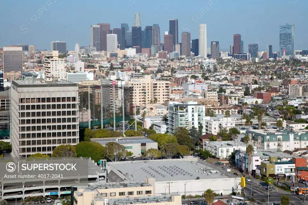 Aerial of the Los Angeles Skyline from Koreatown in Mid Wilshire