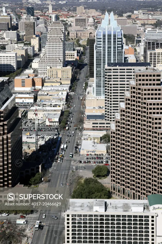 Aerial looking down Congress Avenue in Downtown Austin, Texas