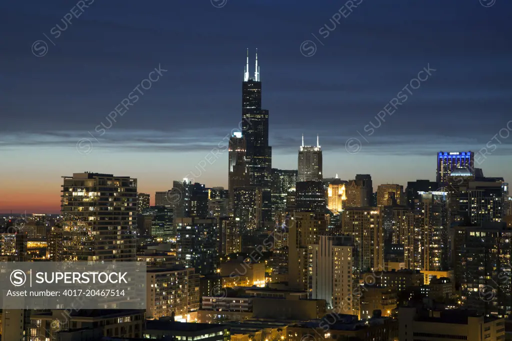 Willis Tower and the south Chicago Skyline at sunset