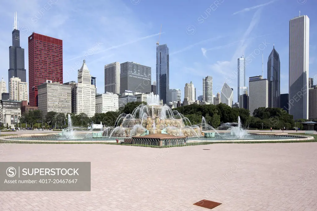 The Chicago Skyline wraps around Buckingham Fountain in Grant Park
