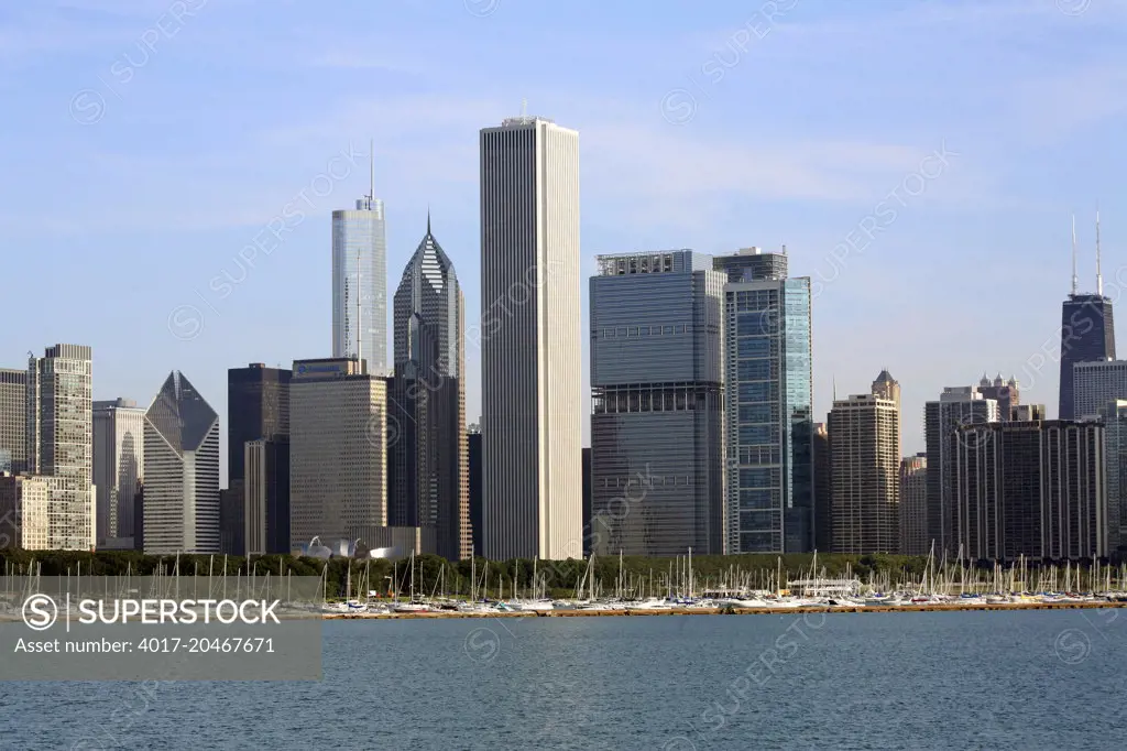 Aon Center and Trump Tower in with Lake Michigan Marina in Chicago