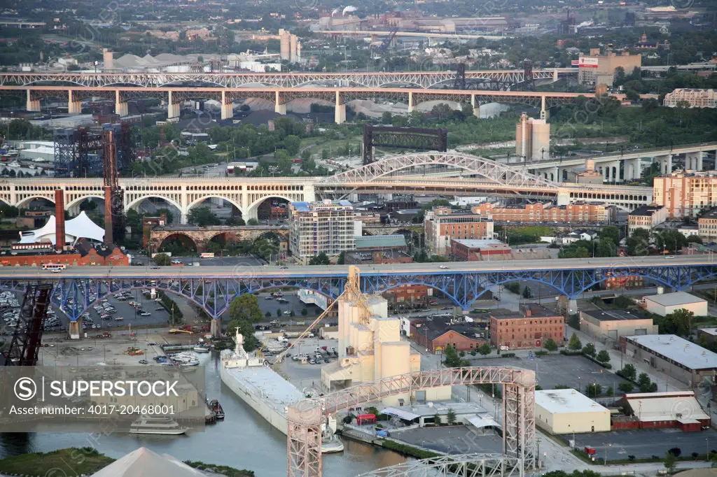 Aerial of many bridges over the Cuyahoga River in Downtown Cleveland, Ohio