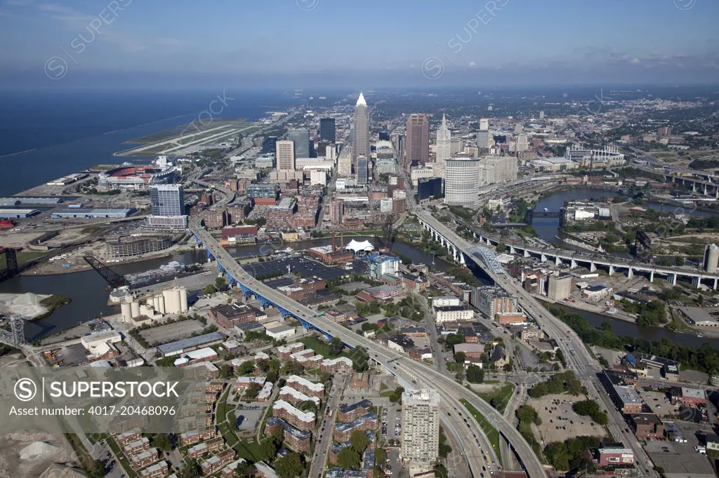 Aerial of the Cleveland Flats, Cuyahoga River, Lake Erie and Downtown Cleveland
