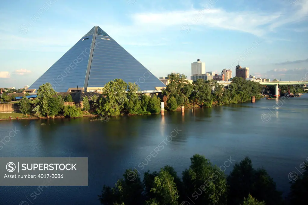 The Pyramid Arena in Memphis, TN from Mud Island with The Mississippi River