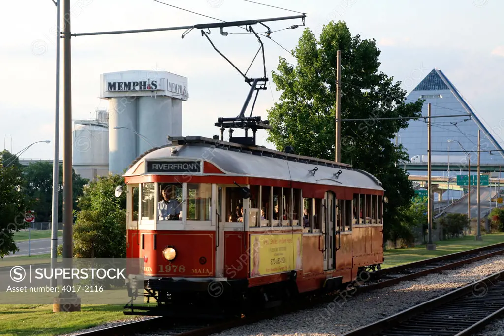 Trolley in Memphis, TN with The Pyramid Arena in Background