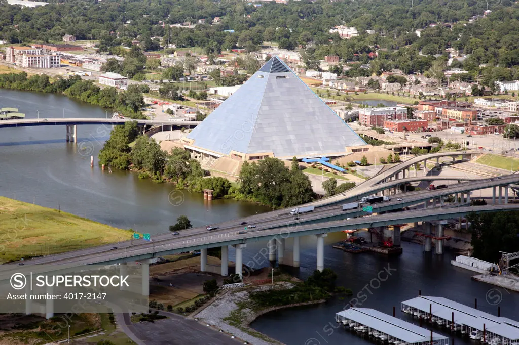 Aerial of The Pyramid Arena from Mud Island Across Mississippi River