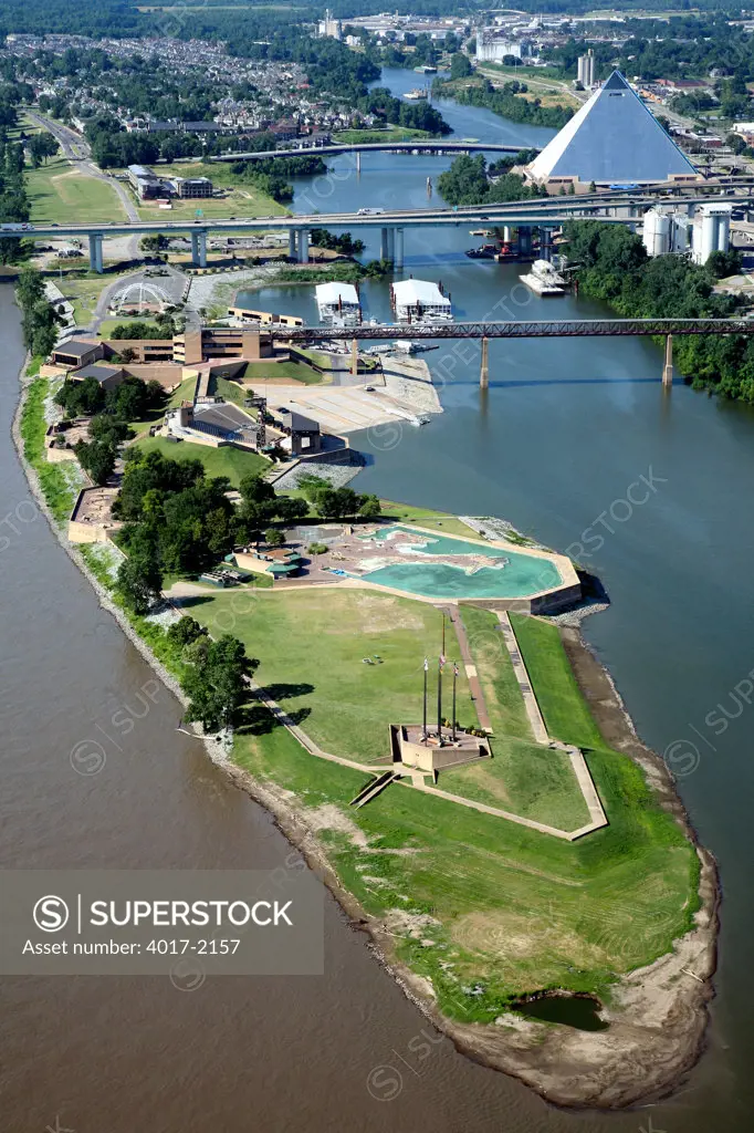 Aerial of Mud Island next to the Mississippi River