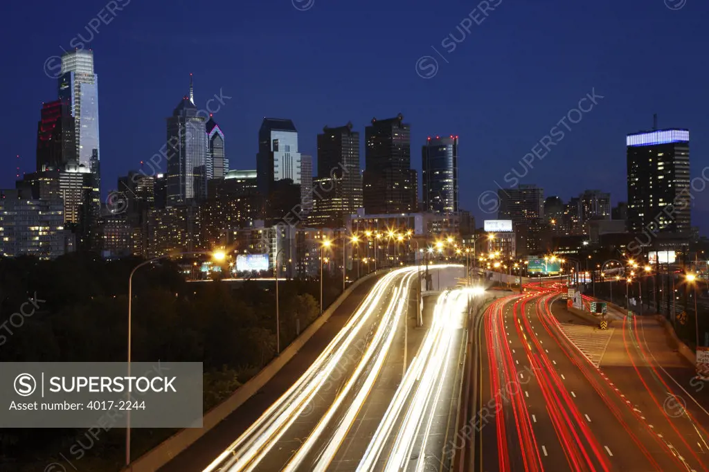 Philadelphia Skyline with I-95 traffic at dusk