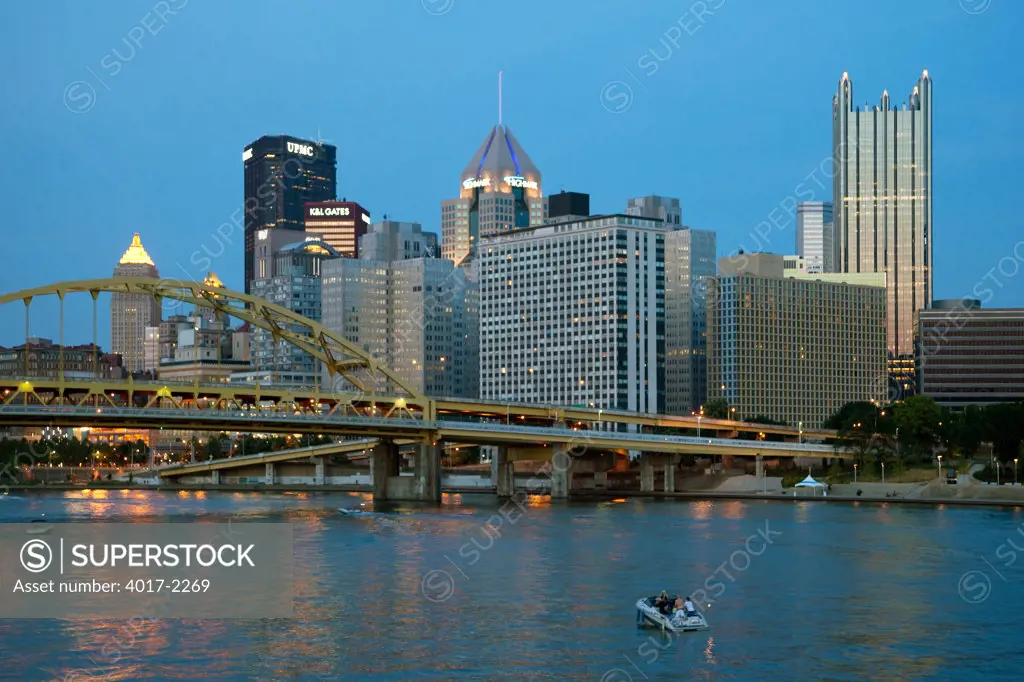 The three rivers of Ohio, Allegheny and Monongahela meet in Downtown Pittsburgh at dusk
