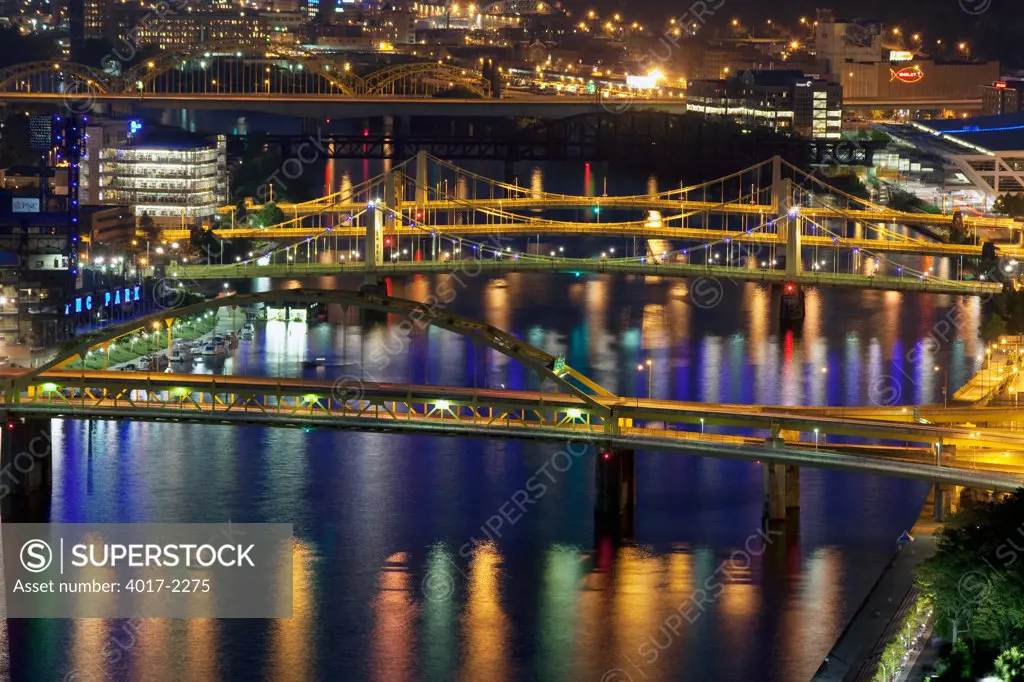 Fort Duquesne, Sixth, Seventh and Ninth Street Bridges over the Allegheny River at night in Pittsburgh