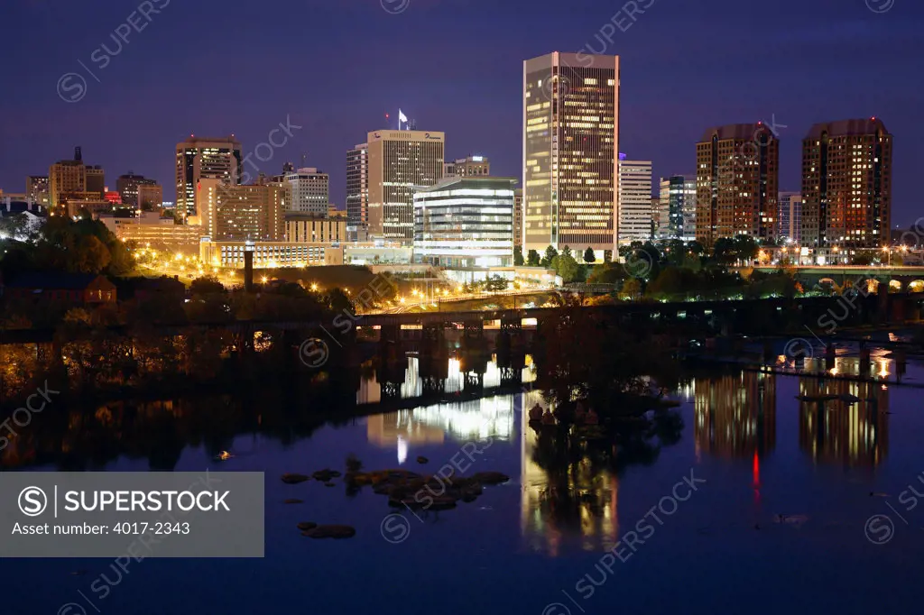 Nightshot of Richmond, Virginia Skyline with the James River in Foreground