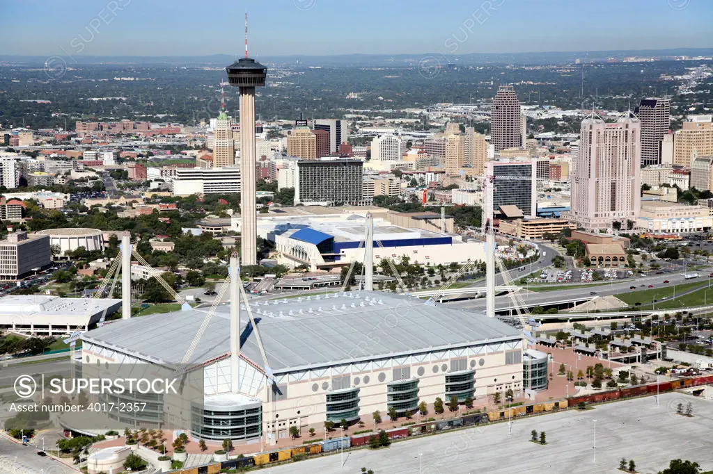 Aerial of The Alamodome and Tower of the Americas with the San Antonio, Texas Skyline