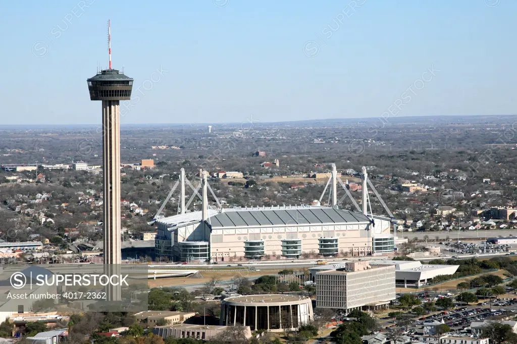 Aerial of Hemisfair with The Tower of the Americas, The Alamodome, the US General Services Administration Building, and the US District Court Judge Building