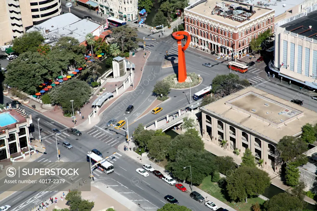 Aerial of Downown San Antonio, Texas with the Torch of Friendship near the Riverwalk and the Greater San Antonio Chamber of Commerce