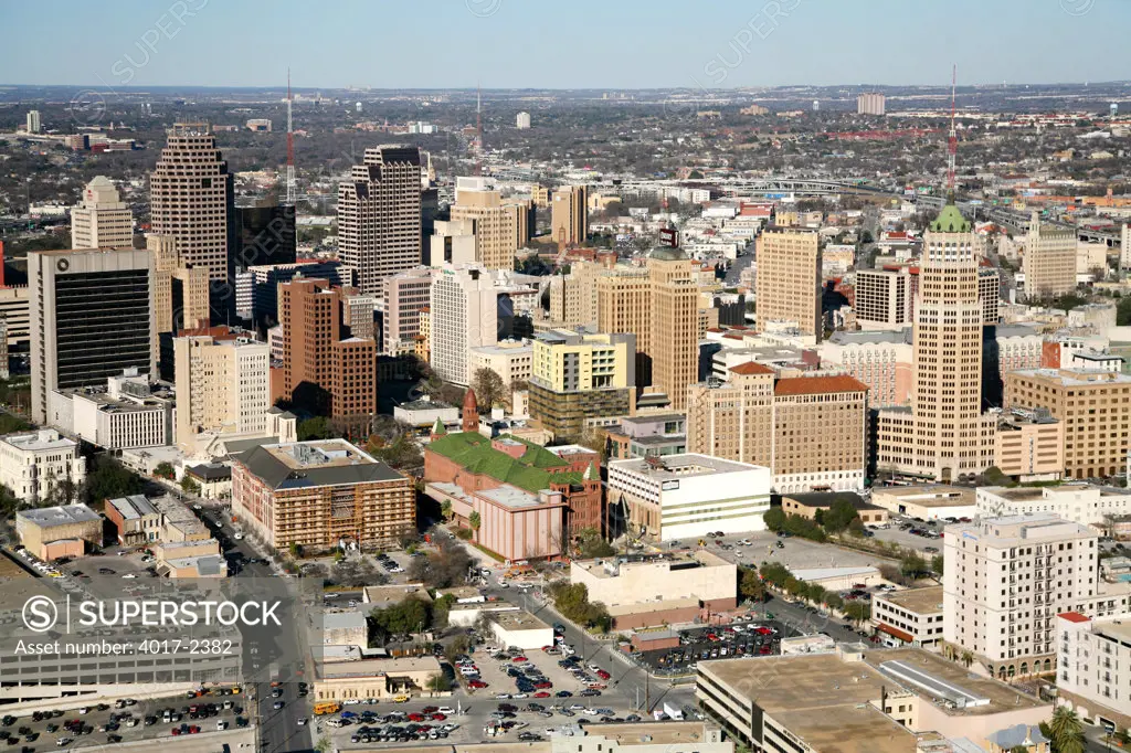 Aerial of the San Antonio, Texas Downtown Skyline with the Main/Military Plaza in the Foreground