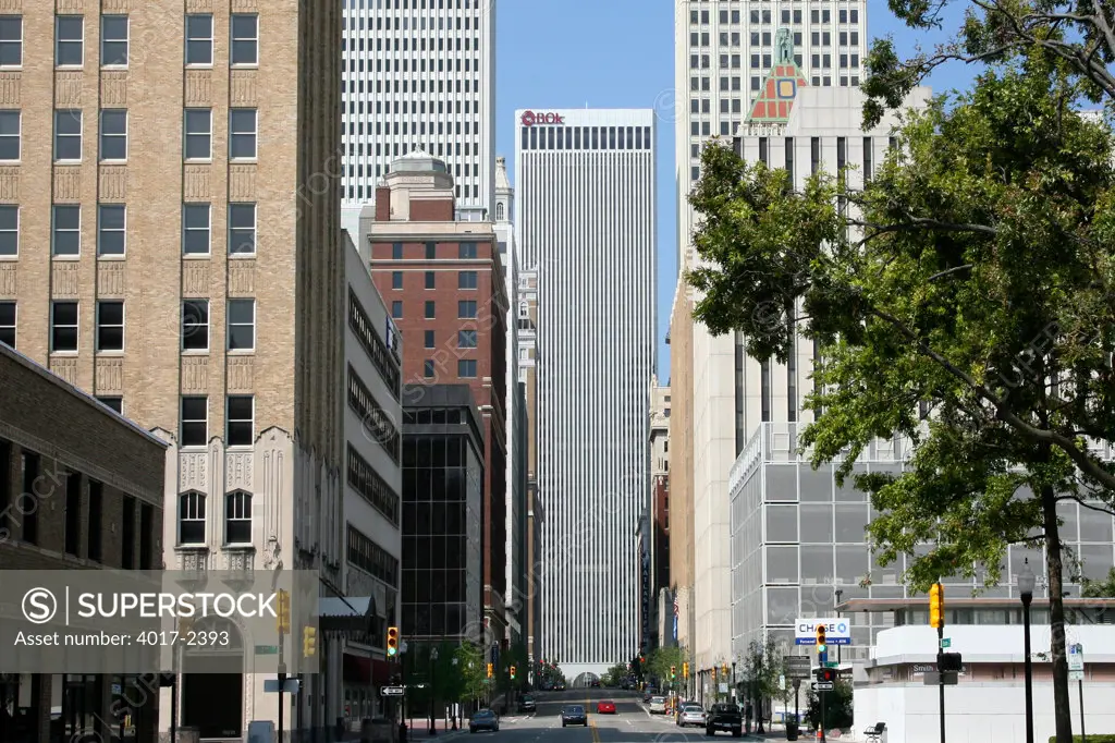 Looking Down S Boston Avenue with Downtown Tulsa Skyline
