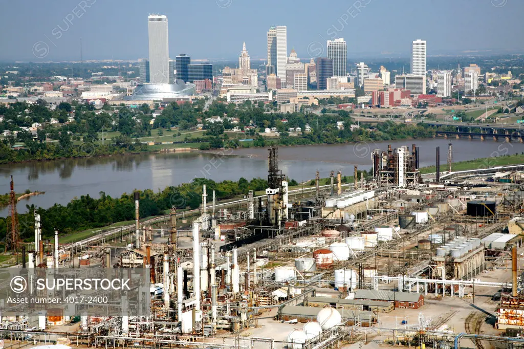 Aerial of Tulsa Oklahoma Downtown Skyline and Oil refineries