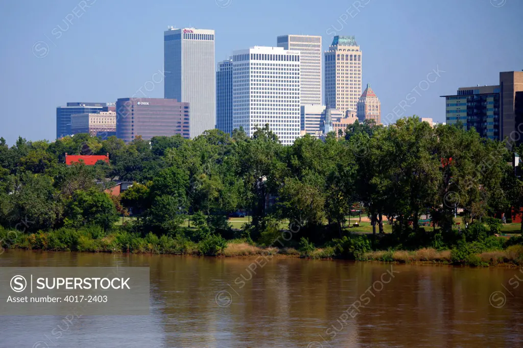 Downtown Skyline From Across the Arkansas River at Riverfront Park, West Tulsa Oklahoma