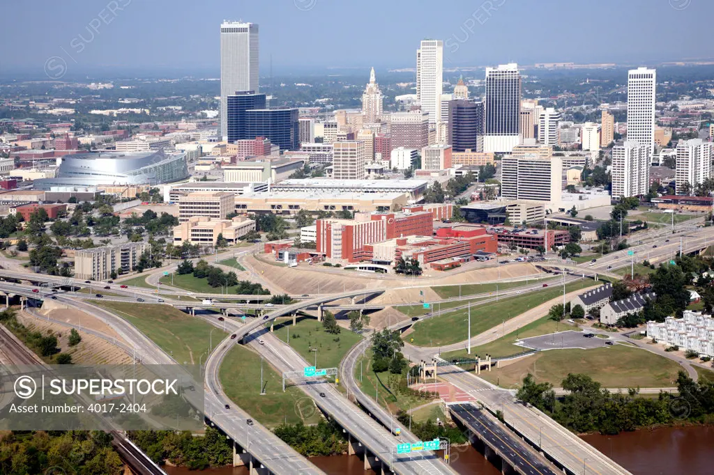 Aerial of Downtown Tulsa Oklahoma Skyline from the Arkansas River