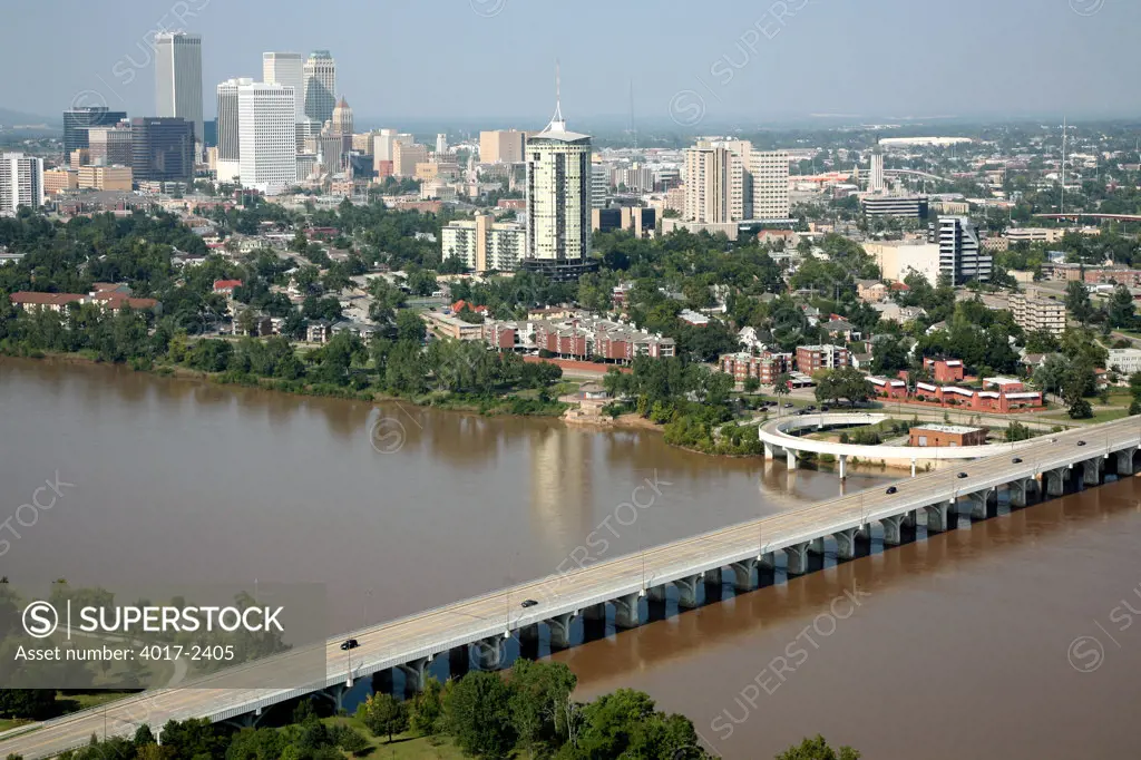 Tulsa Oklahoma Downtown Skyline Aerial from the Arkansas River