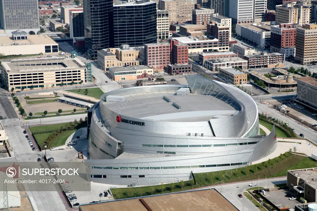 Aerial of BOK Center in Downtown Tulsa Oklahoma