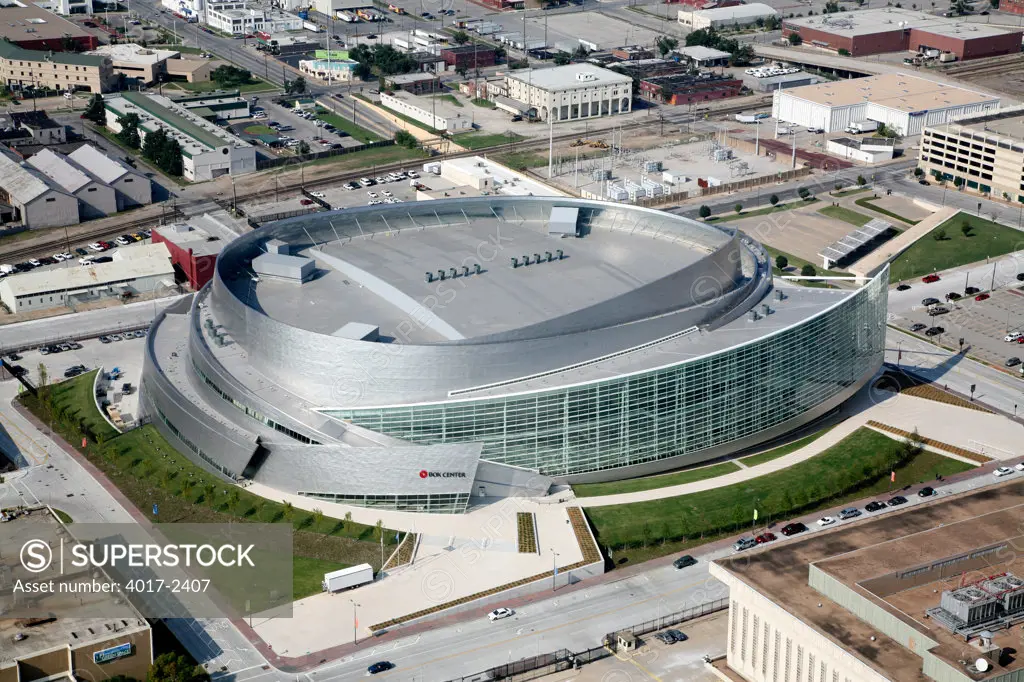 Aerial of BOK Center in Downtown Tulsa Oklahoma
