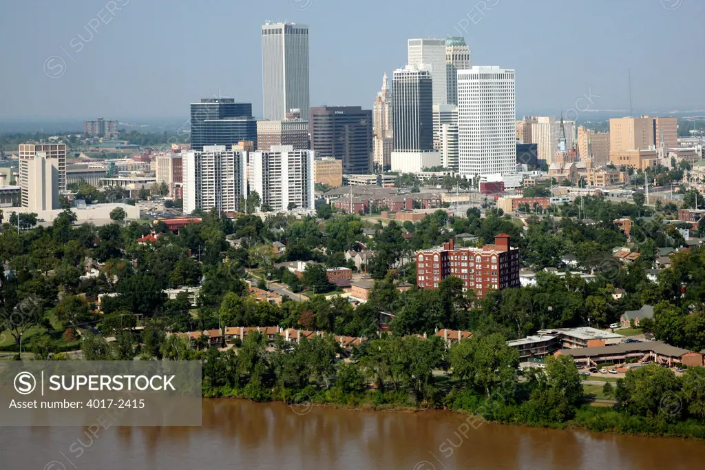 Aerial of Tulsa Oklahoma Downtown Skyline from the Arkansas River