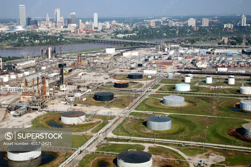 Aerial of Tulsa Oklahoma Downtown Skyline with Oil Refineries in the Foreground