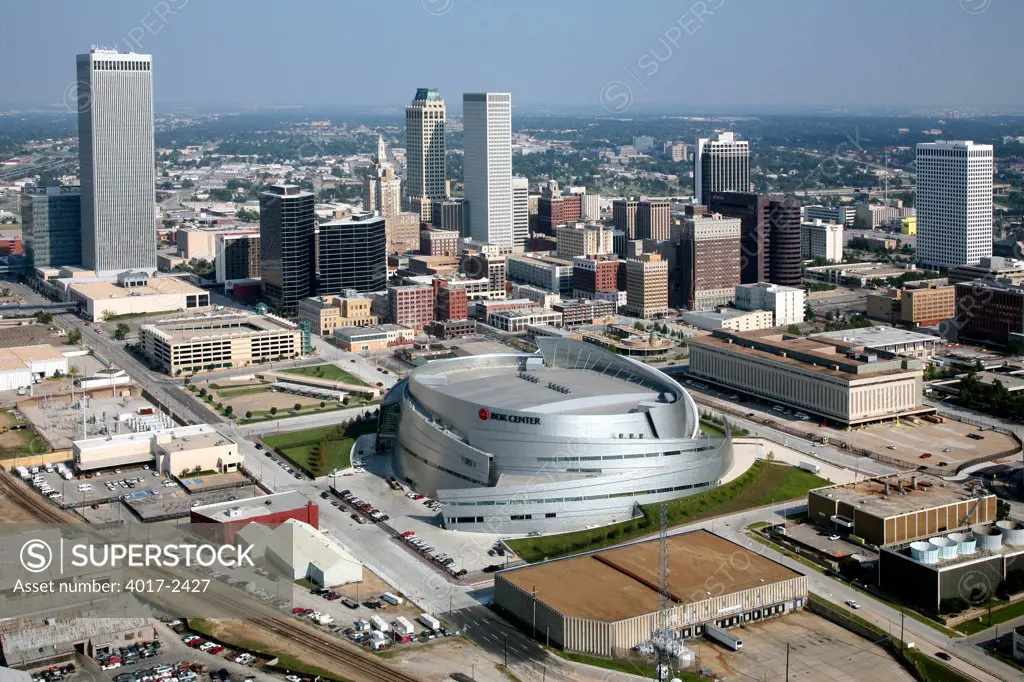 Aerial of BOK Center Tulsa Oklahoma with Skyline in Background