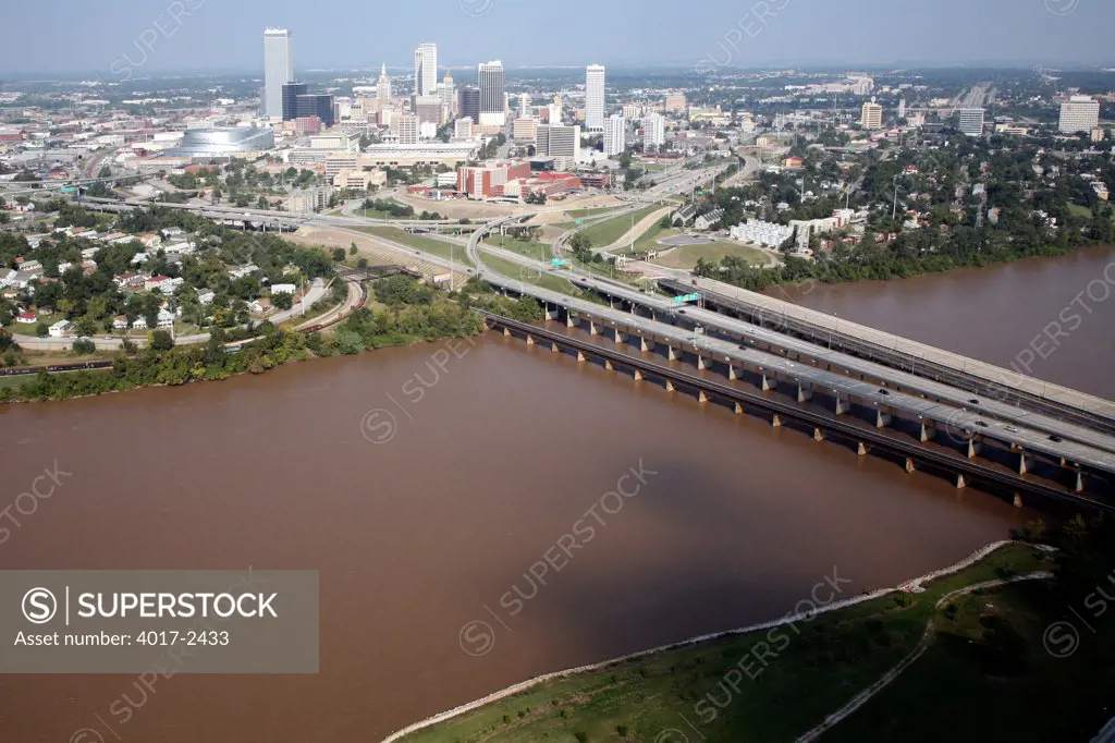 Tulsa Oklahoma Skylien and Riverfront of the Arkansas River