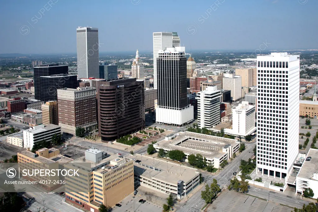 Aerial of Downtown Tulsa Oklahoma Skyline from near the Arkansas River