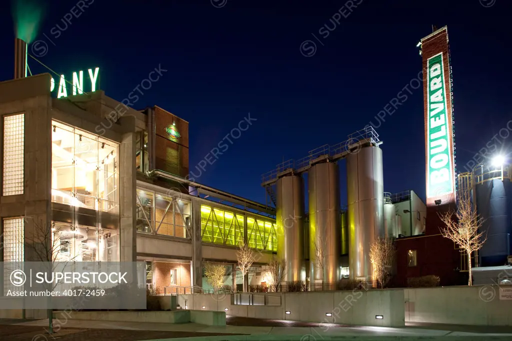 Night shot of Boulevard Brewing Company's headquarters in Kansas City, Missouri, USA