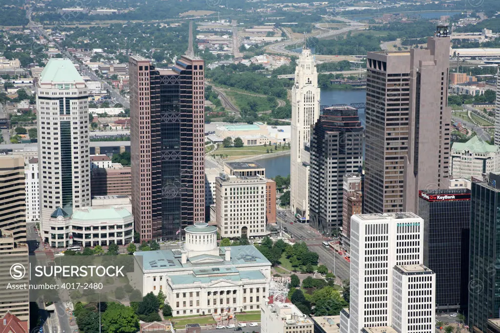 Aerial view of the Ohio Statehouse in the Uptown District in downtown Columbus, Ohio, USA