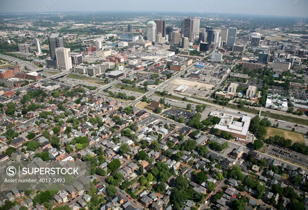 Aerial view of German Village with the downtown skyline of Columbus, Ohio, USA