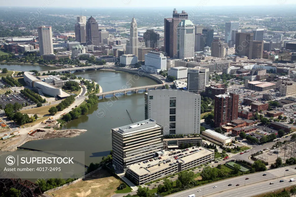 Aerial view of the Scioto River and downtown skyline of Columbus, Ohio, USA