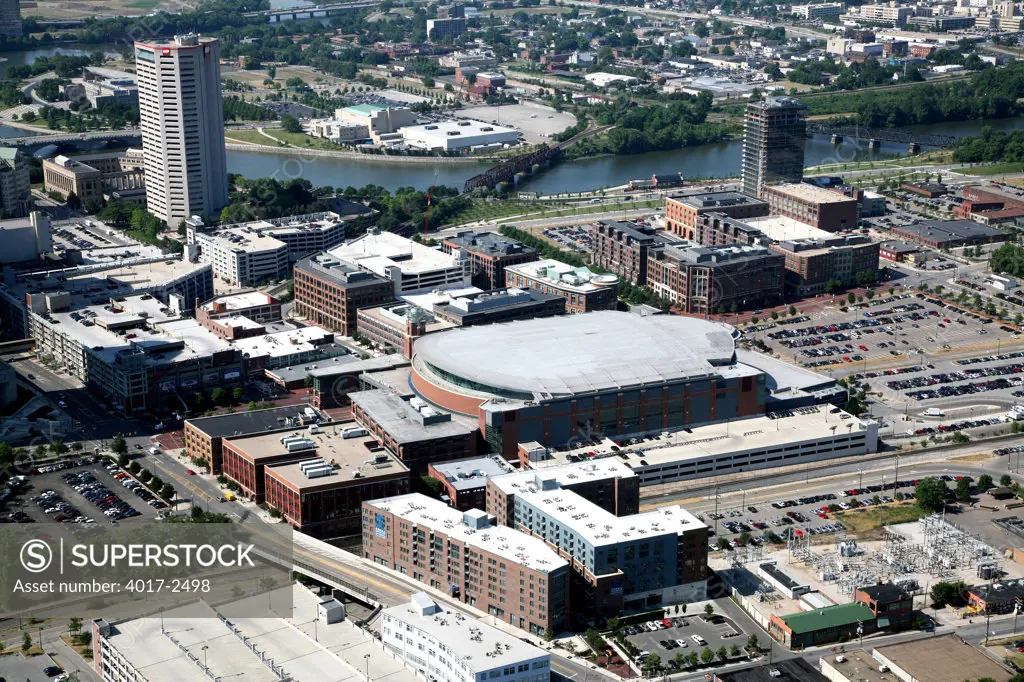Aerial view of Nationwide Arena in the Arena District with the Scioto River, Columbus, Ohio, USA