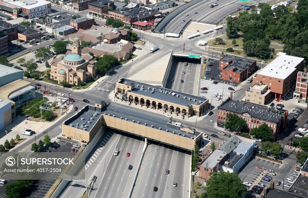 Aerial view of the I-670 Cap in the Arena District of Columbus, Ohio, USA