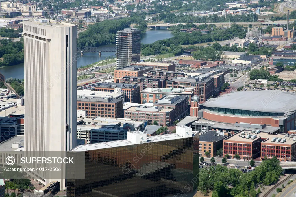 Aerial view of the Arena District with the Scioto River, Columbus, Ohio, USA