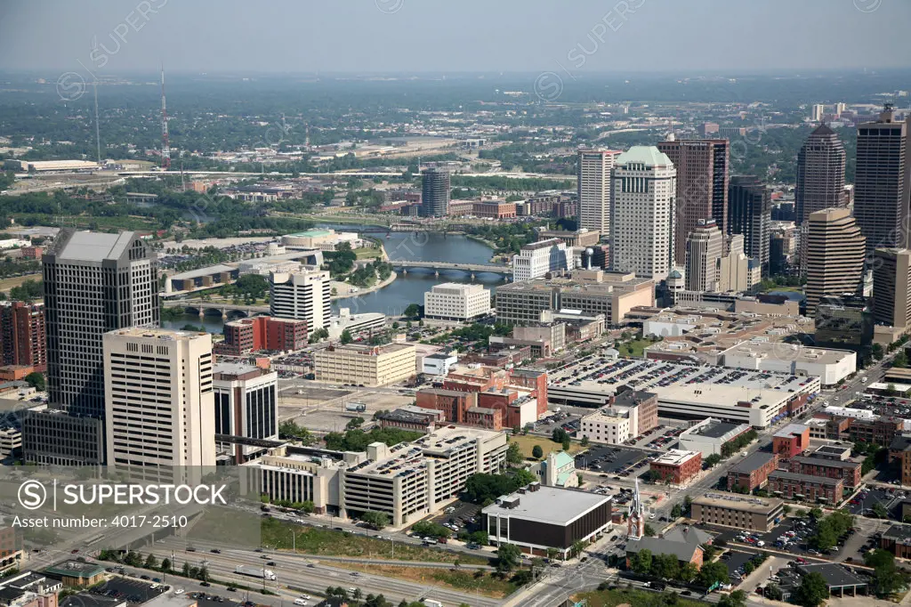 Aerial view of River South District with the Scioto River, Columbus, Ohio, USA