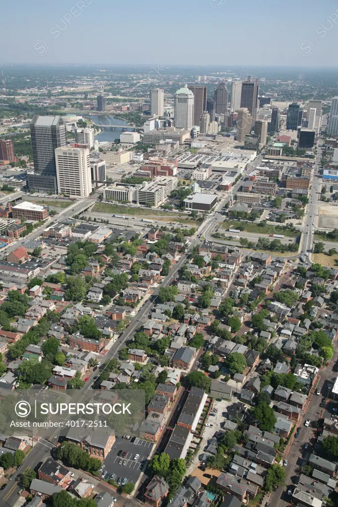 Aerial view of German Village with the downtown skyline of Columbus, Ohio, USA