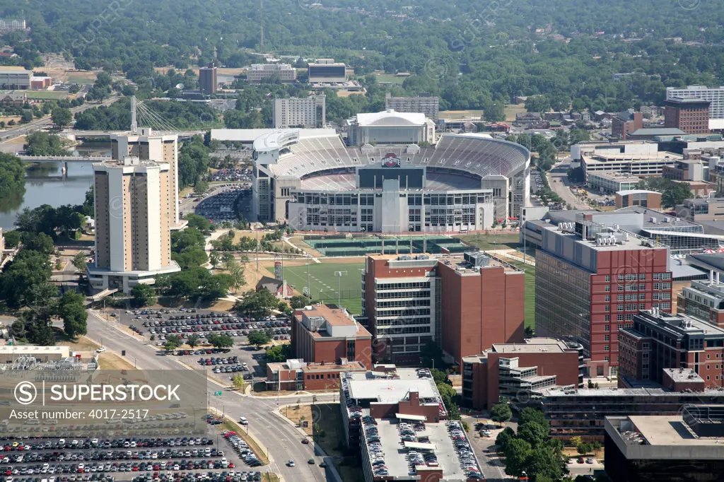 Aerial view of Ohio Stadium on the campus of Ohio State University, Columbus, Ohio, USA