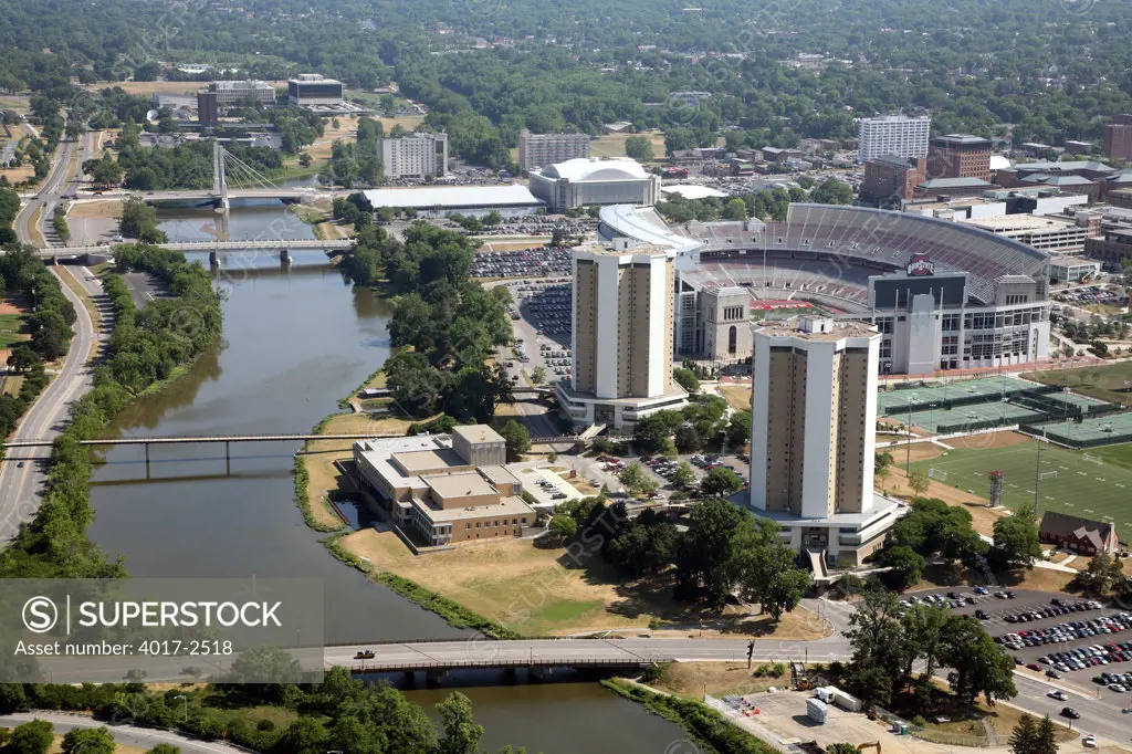 Aerial view of Ohio Stadium on the campus of Ohio State University, Columbus, Ohio, USA