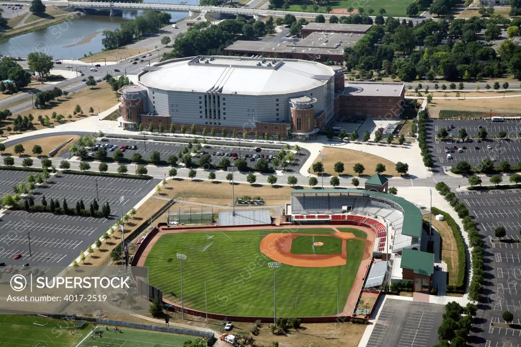 Aerial view of Bill Davis Stadium and Jerome Schottenstein Center on the campus of Ohio State University, Columbus, Ohio, USA