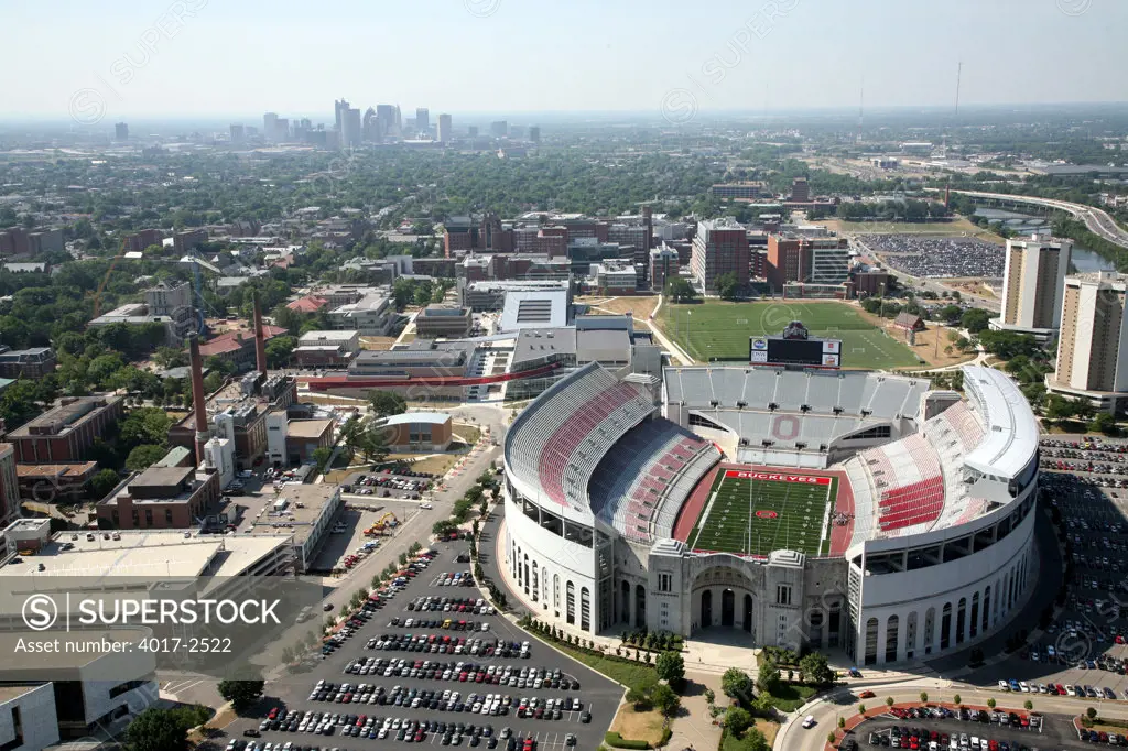 Aerial view of Ohio Stadium on the Ohio State University Campus, Columbus, Ohio, USA