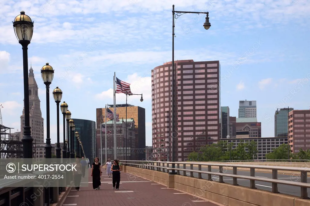 People crossing the bridge, Founders Bridge, Connecticut River, Hartford, Connecticut, USA