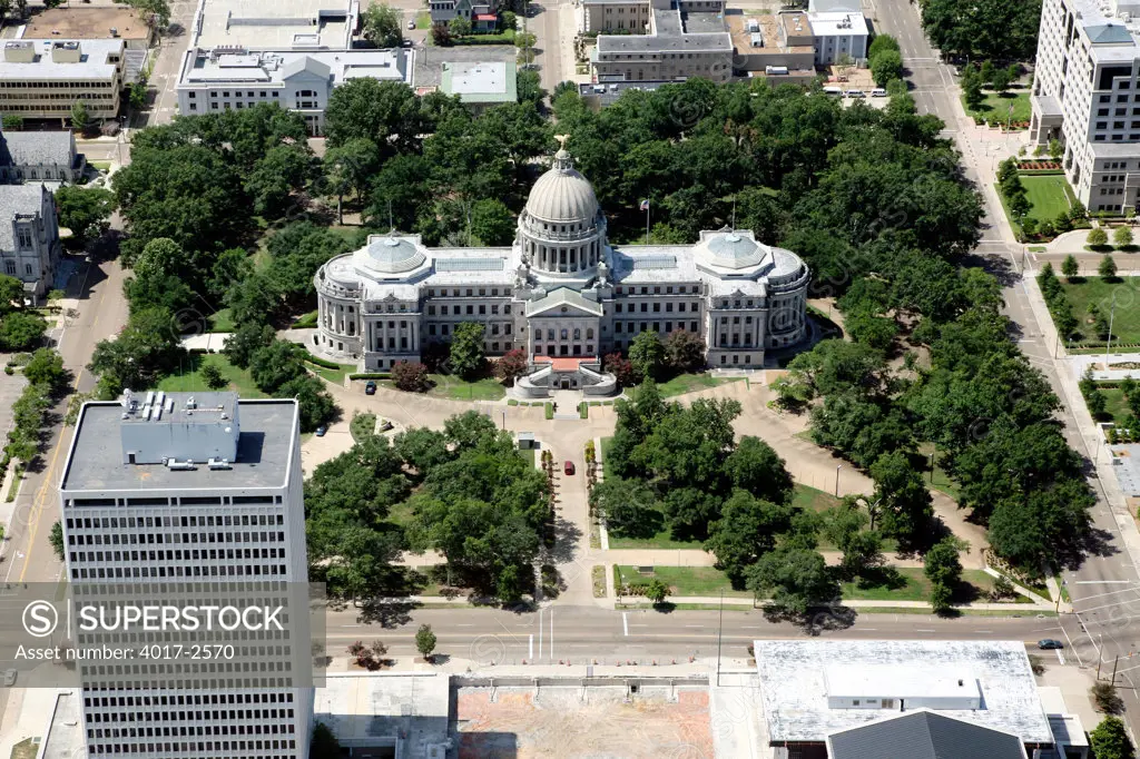 Aerial view of State Capitol Building in a city, Jackson, Hinds County, Mississippi, USA