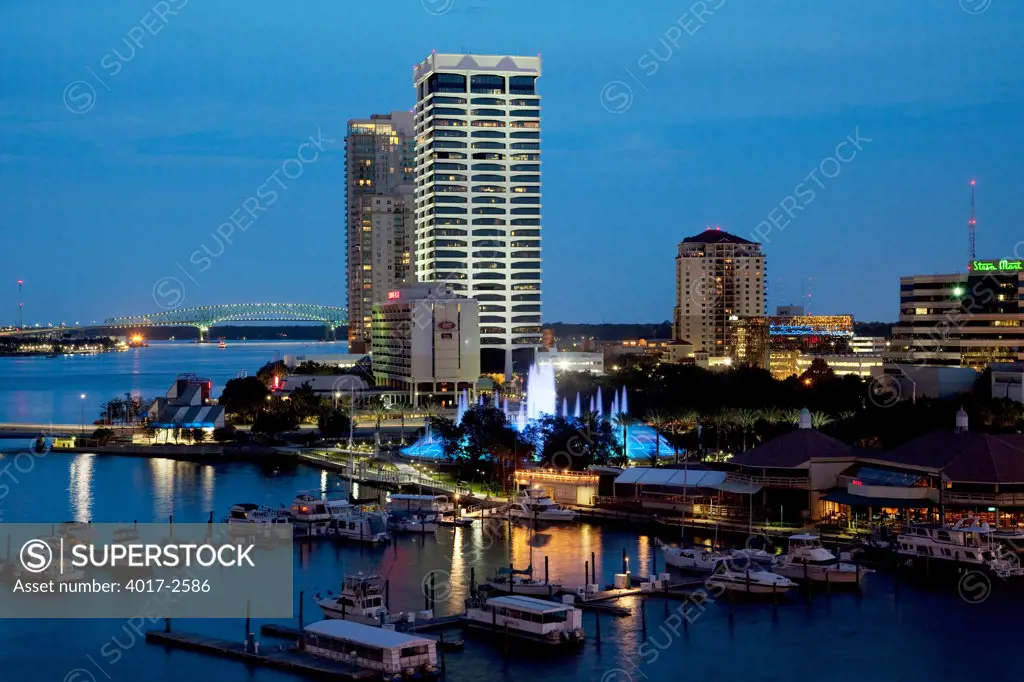 Boats at a marina, Friendship Fountain, St. John's River, Jacksonville, Florida, USA
