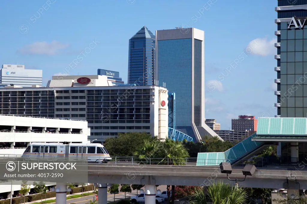 JTA Skyway people mover approaching the Riverplace Station, Jacksonville, Florida, USA