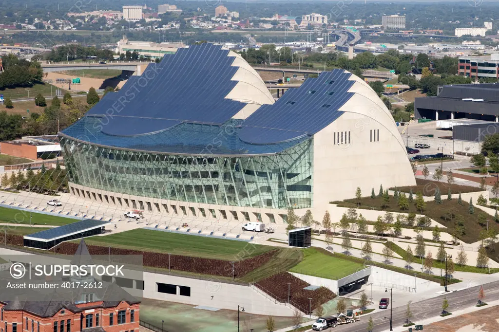 Aerial view of the Kauffman Center for the Performing Arts in downtown Kansas City, Missouri, USA