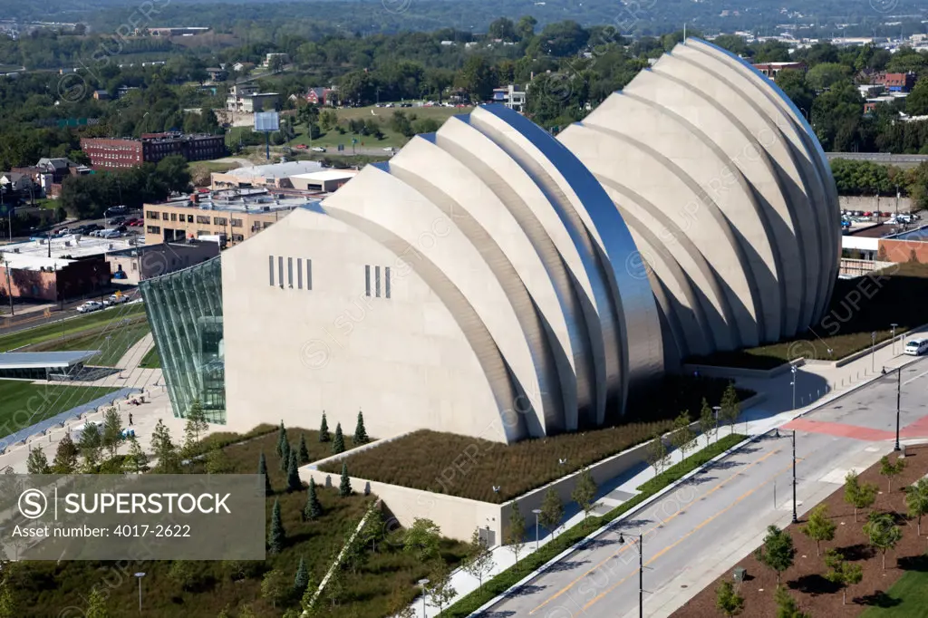 Aerial view of the Kauffman Center for the Performing Arts in downtown Kansas City, Missouri, USA